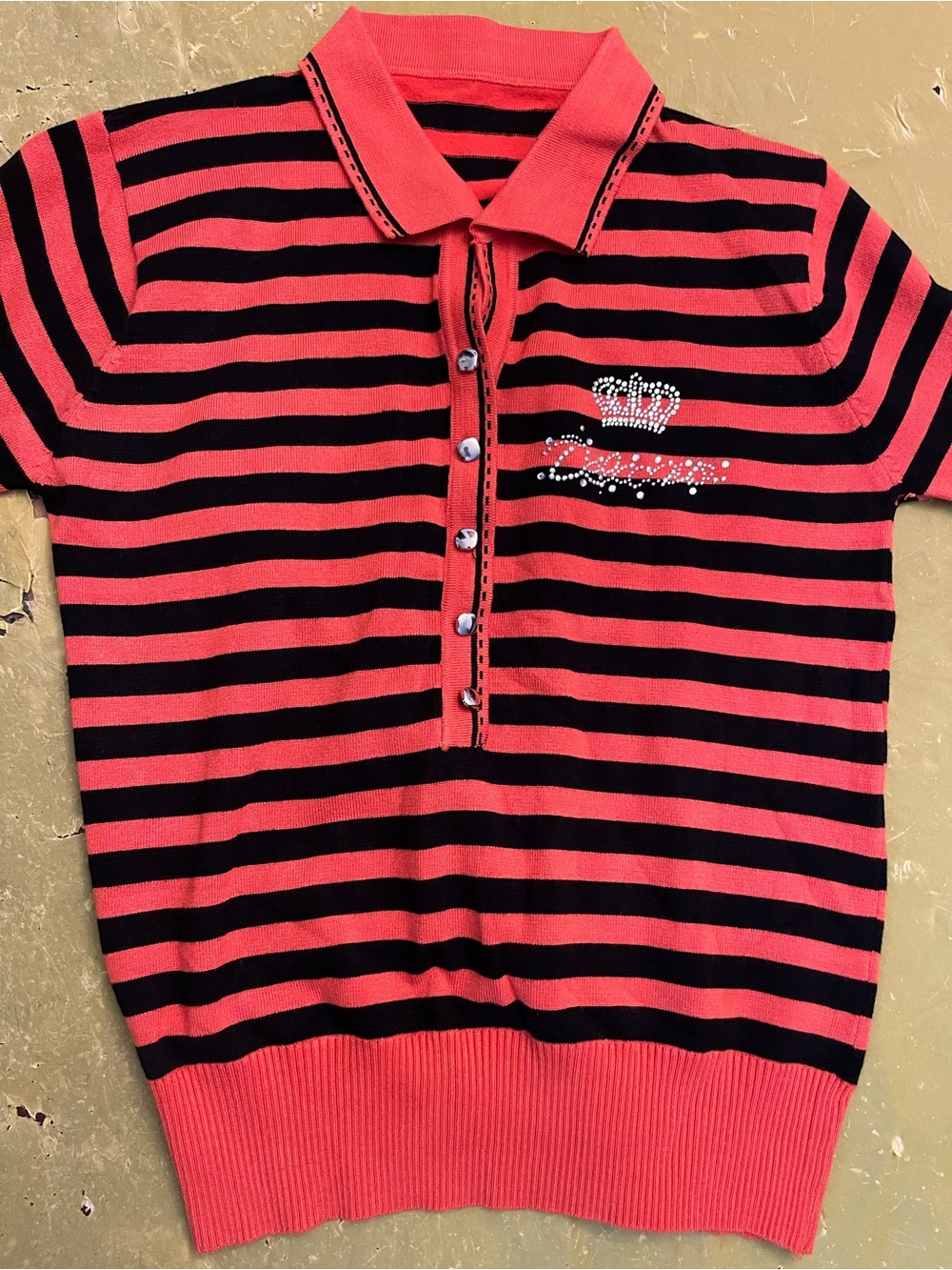 Pink & Black Striped Rhinestone Collared Knit Sweater Y2K Coquette Glam S